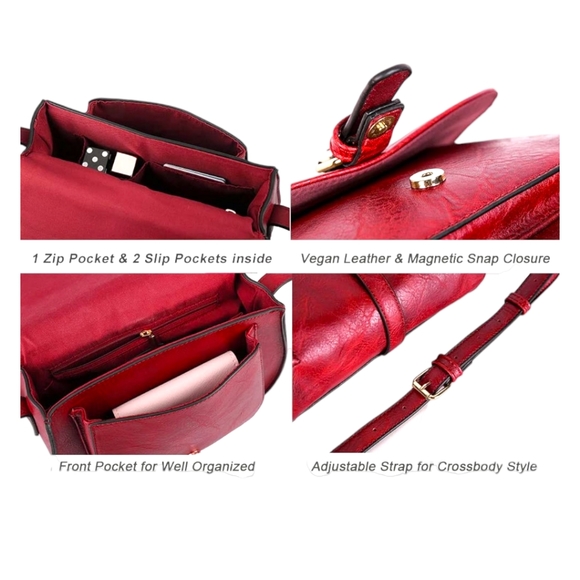 Red Vegan Leather Spacious Multi-Compartment Crossbody Shoulder Bag - Picture 3 of 7